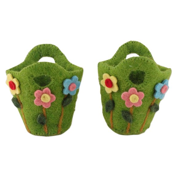 Handcrafted Wool Felt Floral Baskets (Set of 2)