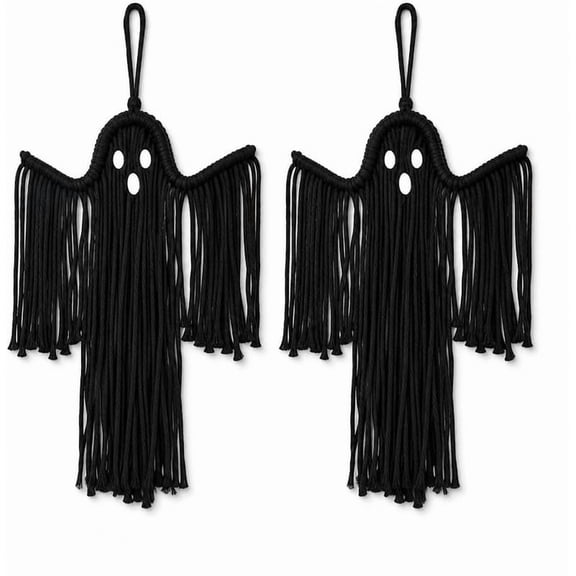 Handcrafted Woven Halloween Ghost Wall Decor Cotton Tassel Cute Boho | Hanging Decoration for Front Door Porch Indoor Home Fireplace Mantel Rustic Farmhouse Fall Party Ornament(Black-2pcs,Large)