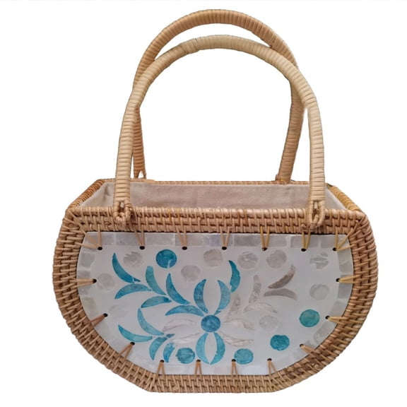 Handcrafted Woven Rattan Shell-Embellished Tote Bag for Beach & Cosmetics!