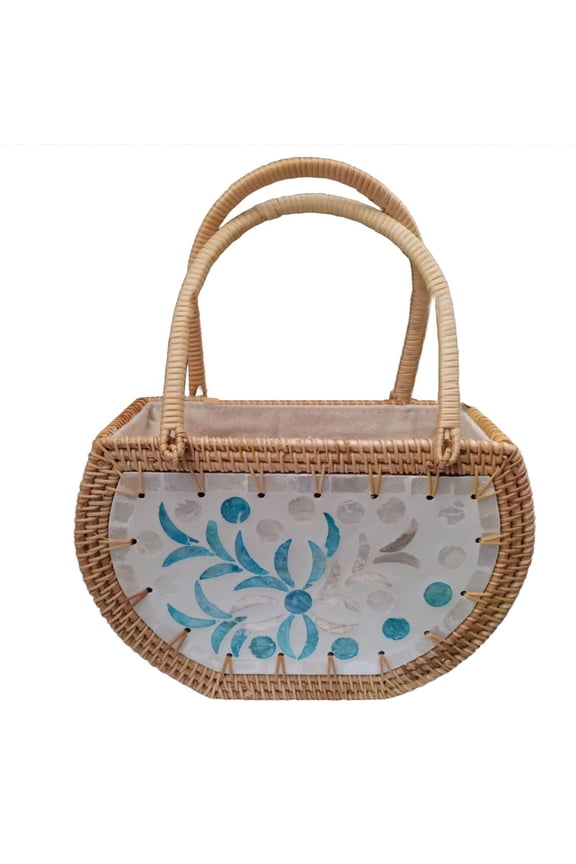 Handcrafted Woven Rattan Shell-Embellished Tote Bag for Beach & Cosmetics!