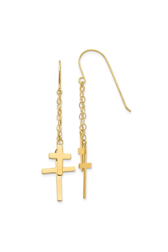 14k Yellow Gold Cross Dangle Earrings with French Wire, Polished Religious Jewelry
