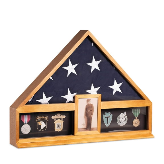 Handcrafted military flag and medal display case with 4" x 6" picture frame.