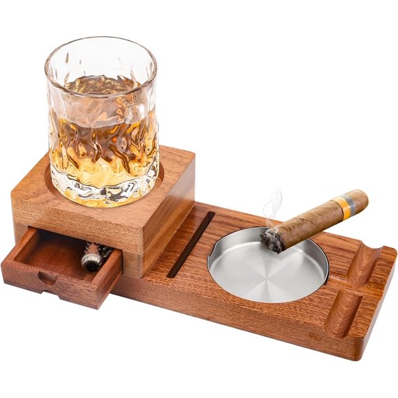 Handcrafted wooden cigar ashtray, outdoor patio accessories, whiskey drinker gifts, durable smoking essentials, stylish cigar holder, elegant mens accessories, backyard decor piece, cigar