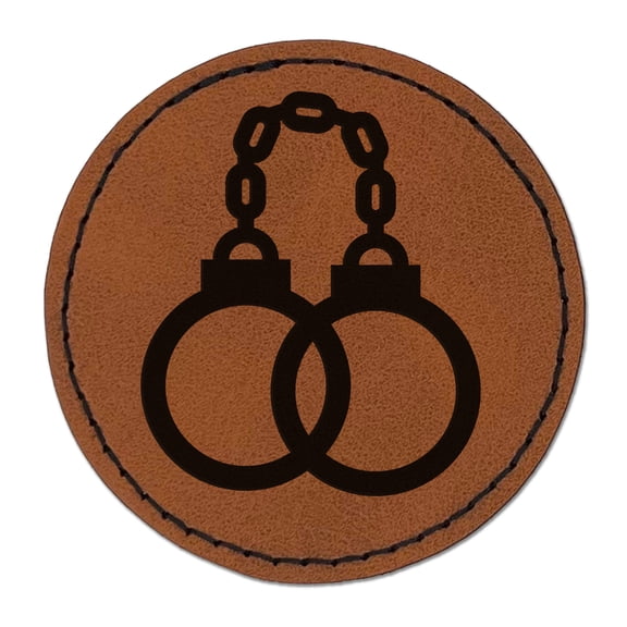 Handcuffs Police Law Enforcement 2.5" Faux Leather Round Engraved Iron-On Patch - Brown