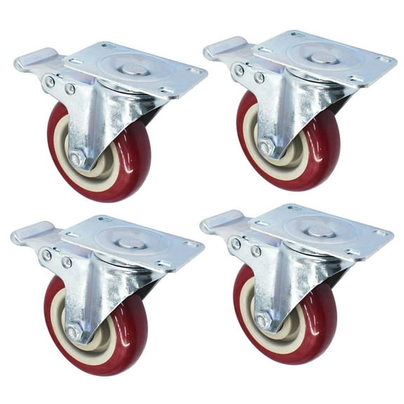 Handdo 4Pcs 4 Inch Heavy Duty Polyvinyl Chloride Swivel Caster Plate Casters with Safety Brake Wheels Red No Noise Fit for Furniture and Workbench