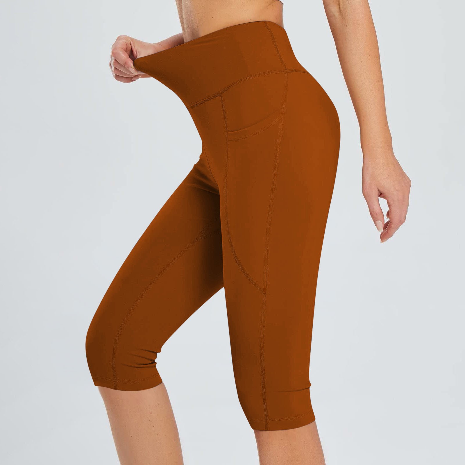 Handdom Dressy Yoga Pants for Work Women Elastic High Waist 3 4 Pant Casual Active Fit Wide Capris Leg Pants Trousers With Pockets L Brown
