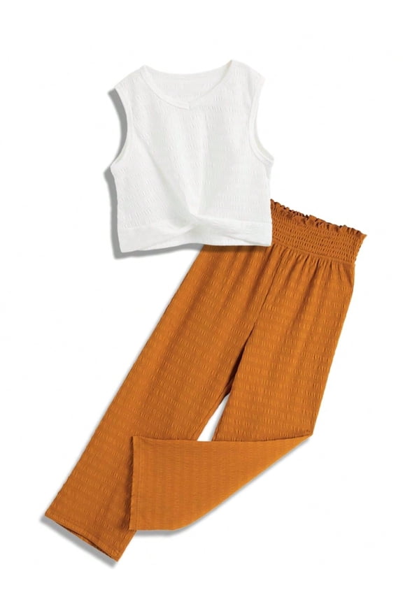 Girls' 2026 Summer Casual 2 Piece Set, Tie Knot Crop Top with Wide Leg Long Pants, Cute Kids Clothing Suit
