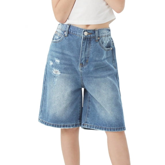 Handfrog Girls Jeans Shorts Ripped Denim Bermuda Elastic Waist Bottom Cotton Summer Clothes for Kids