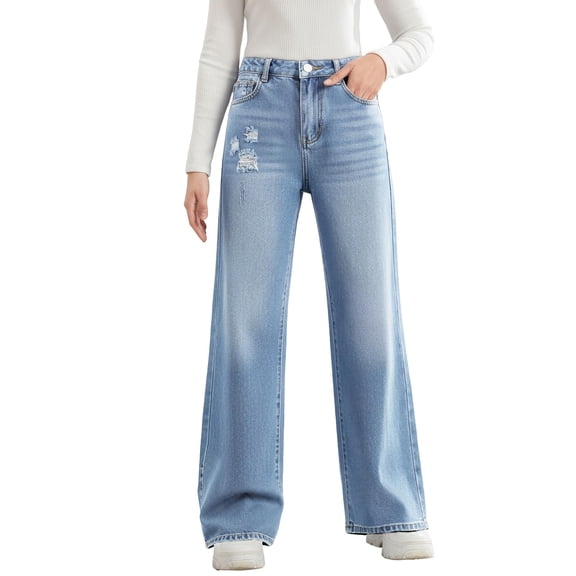 Handfrog Girls Ripped Wide Leg Denim Jeans Cotton Kids Fall Casual Streetwear Clothing
