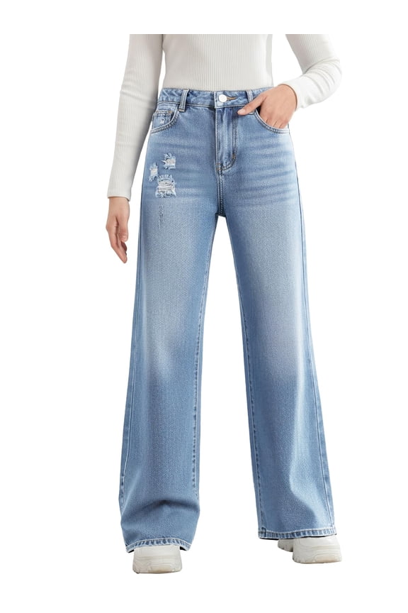 Girls Ripped Wide Leg Denim Jeans Cotton Kids Fall Casual Streetwear Clothing