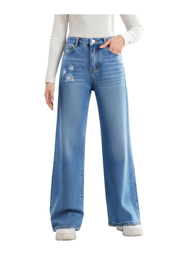Girls Ripped Wide Leg Denim Jeans Cotton Kids Fall Casual Streetwear Clothing