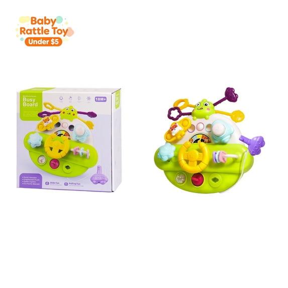Handheld Baby Busy Board Toy, Infant Sensory Rattle Toy, Multipurpose Fine Motor Skill Developmental Toy, Early Educational Soothing Play Toy for Toddlers Boys Girls, Stroller Travel Baby Gift(Green)