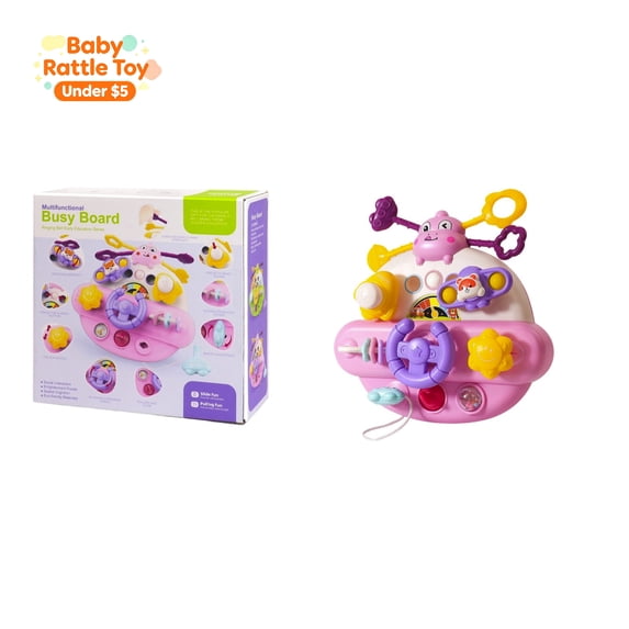 Handheld Baby Busy Board Toy, Infant Sensory Rattle Toy, Multipurpose Fine Motor Skill Developmental Toy, Early Educational Soothing Play Toy for Toddlers Boys Girls, Stroller Travel Baby Gift(Pink)