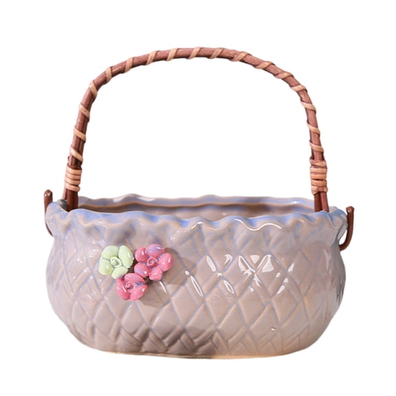 Handheld Basket Planter Non Slip, QQZ Decorative Ceramic Planter for Small Plants, Multi-Purpose Farmhouse Style Home Office Desktop Wedding Decoration