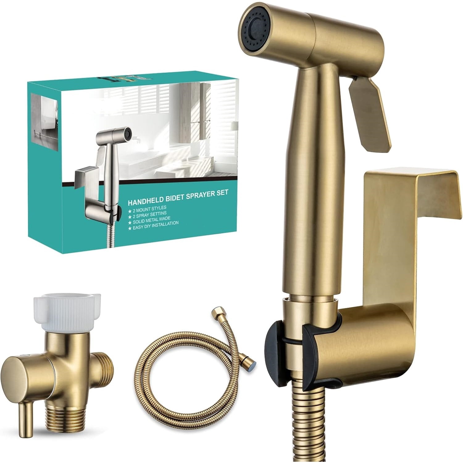 Handheld Bidet Sprayer for Toilet, Stainless Steel Metal Made Baby Cloth Diaper Spraying Kit, Bathroom Toilet Bidet Attachment Set for Bathing Pets and Feminine Hygiene, Brushed Brass Gold