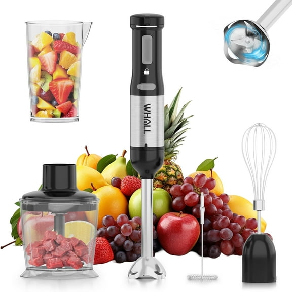 WHALL Cordless 5-in-1 Handheld Blender, Rechargeable Immersion Blender with Whisk, Milk Frother Attachments