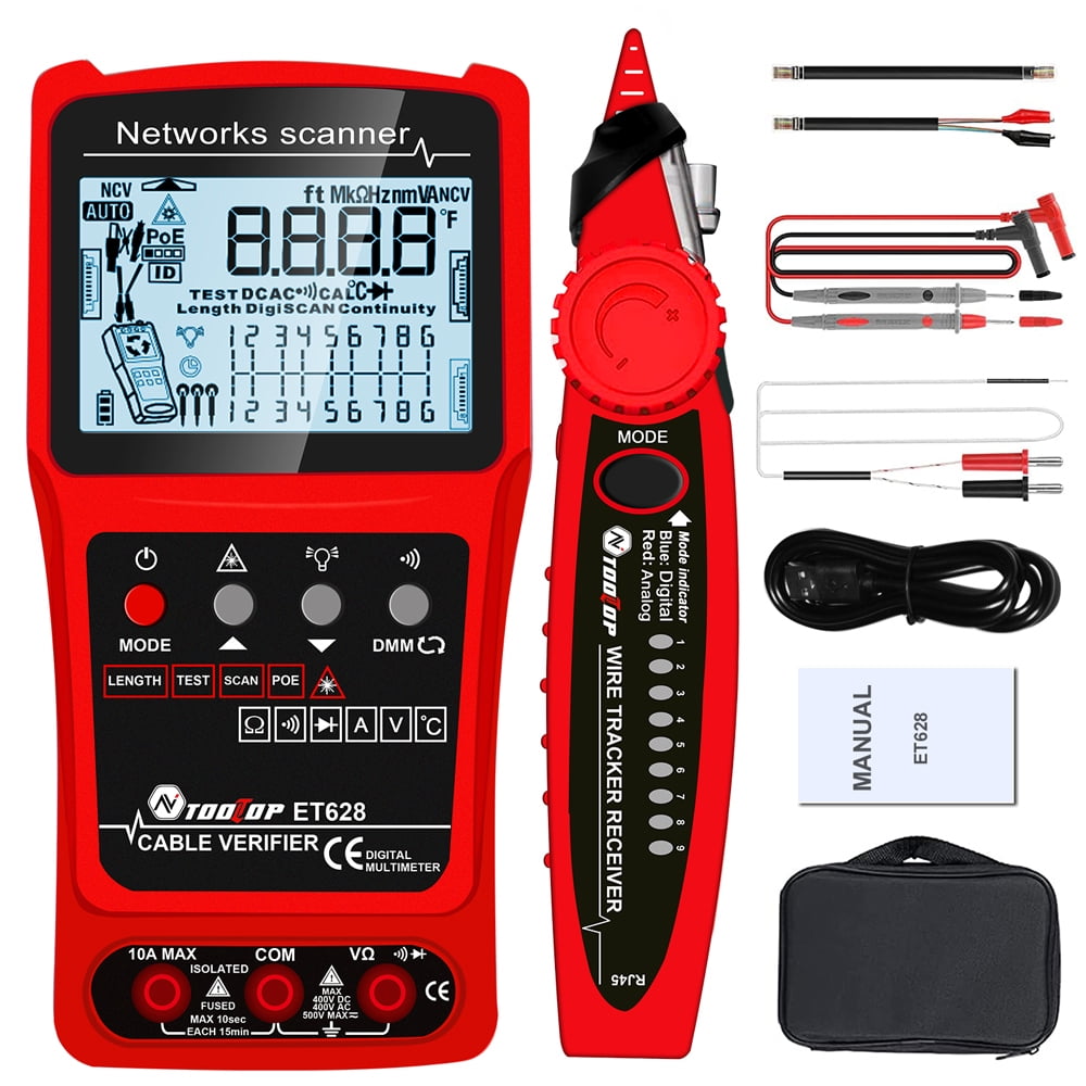 Handheld Cable Tester by TOOLTOP, Multimeter LCD Display, POE Test and Cable Pairing