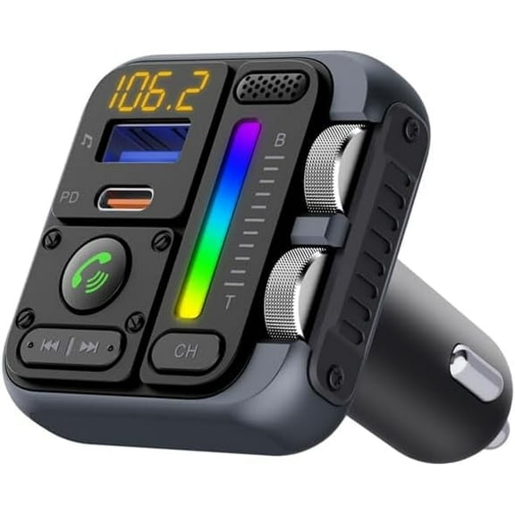 Bluetooth 5.0 Car FM Transmitter, QC3.0 Wireless Car Adapter Mp3 Music Player Car Kit with Hands-Free Calling, 7 Color LED Backlit Car Adapter