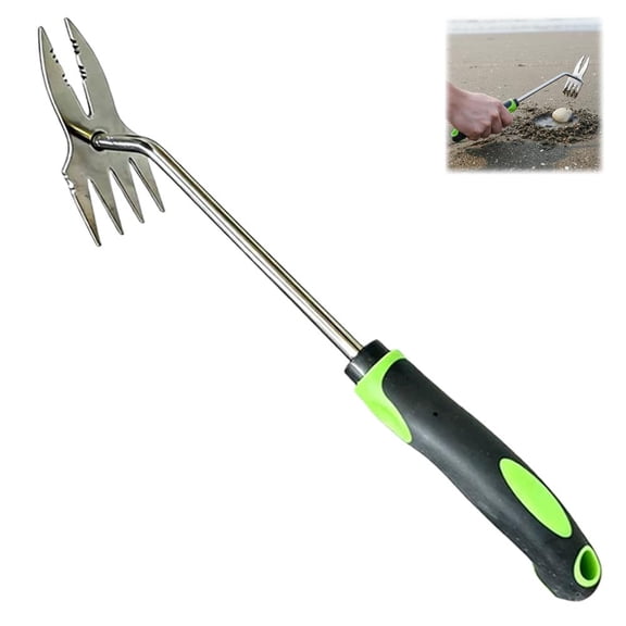 Handheld Clam Rake Clamming Tool, Rake with Wooden Handle, 4-Tooth Beach Shell Digging Rakes for Seafood Hunting and Oyster Gathering