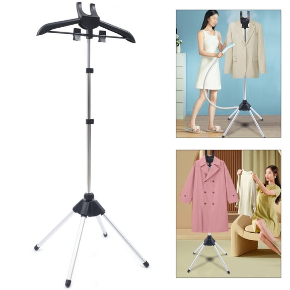 Handheld Clothes Steamer Holder Stand, Adjustable Garment Hanger 63"  Folding Aluminum Rack  360 Rotating, Clips Included  for Travel, Home, Shop  Black