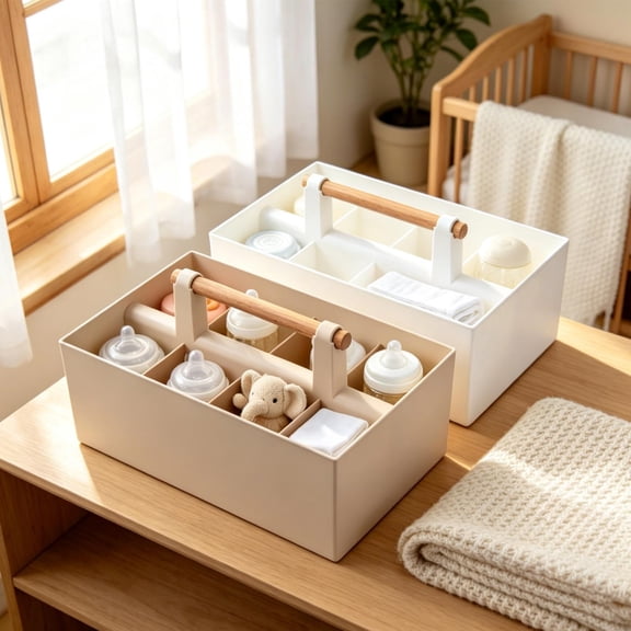Handheld Compartment Storage Box Detachable Divider Wooden Handle Stackable Matte Finish Multi Grid Organizer For Desktop Sundry Baby Supplies Arrangement(Brown)