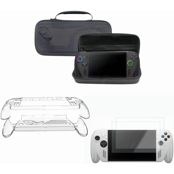 Handheld Console Accessory Bundle Compatible with ROG for Xbox Ally X - Clear Protective Case, 2 Pcs Tempered Glass Screen Protectors & Waterproof Carrying Case