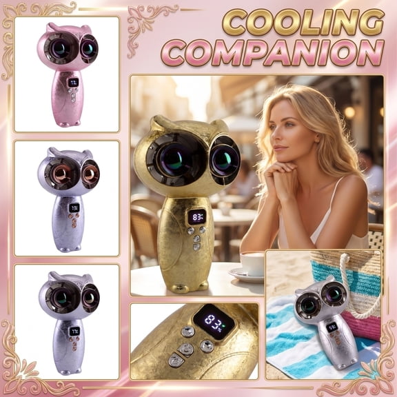 Handheld Cooling Fan, Battery Operated Handheld Fan, Personal Portable Fan, Battery Powered Fan Rechargeable, Mini Cooling Fan, Iridescent Lens Accent Cute Pink Owl Style,