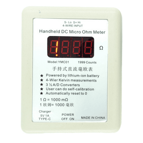 Handheld DC Milliohmmeter Low Resistance Tester 0.01-19.99 Four Wire Kelvin Measurement Meter Milliohmmeter Small Clip,1 x Milliohm Meter,White