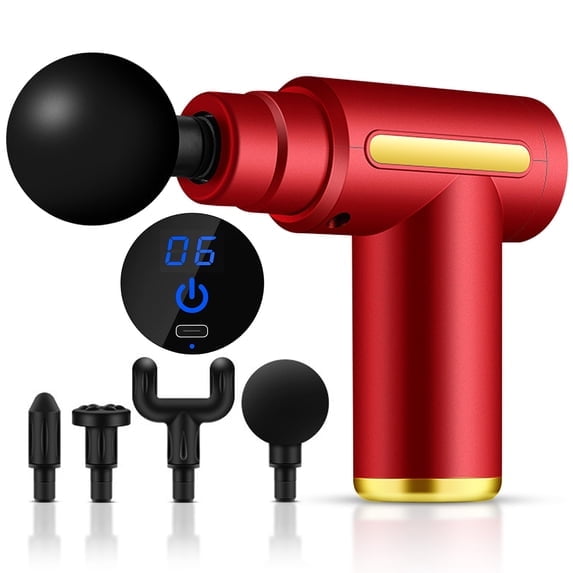 Handheld Deep Tissue Muscle Massage Gun - Portable Percussion Massager with 6 Adjustable Speeds, LED Touch Screen, and 4 Replaceable Massage Heads for Full Body Relaxation (Red)