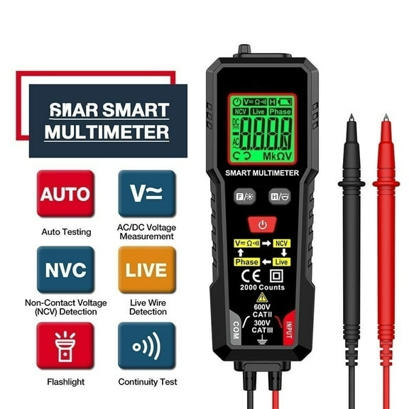 Handheld Digital Multimeter, Voltage Tester with Leads, Voltmeter Measures Phase, NCV, AC/DC Voltage, Resistance, Continuity & Live Wire for Automotive Testing, Household-Black