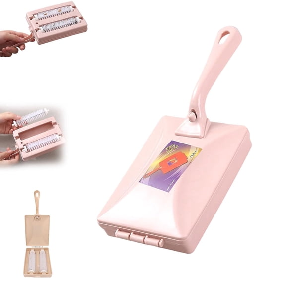 Handheld Double Roller Carpet Brush, Multi-Functional Handheld Double Roller Sofa Sweepers with Crumb Collector, Manual Sweeper for Bed Desktop Carpet Pet Hair (Pink)