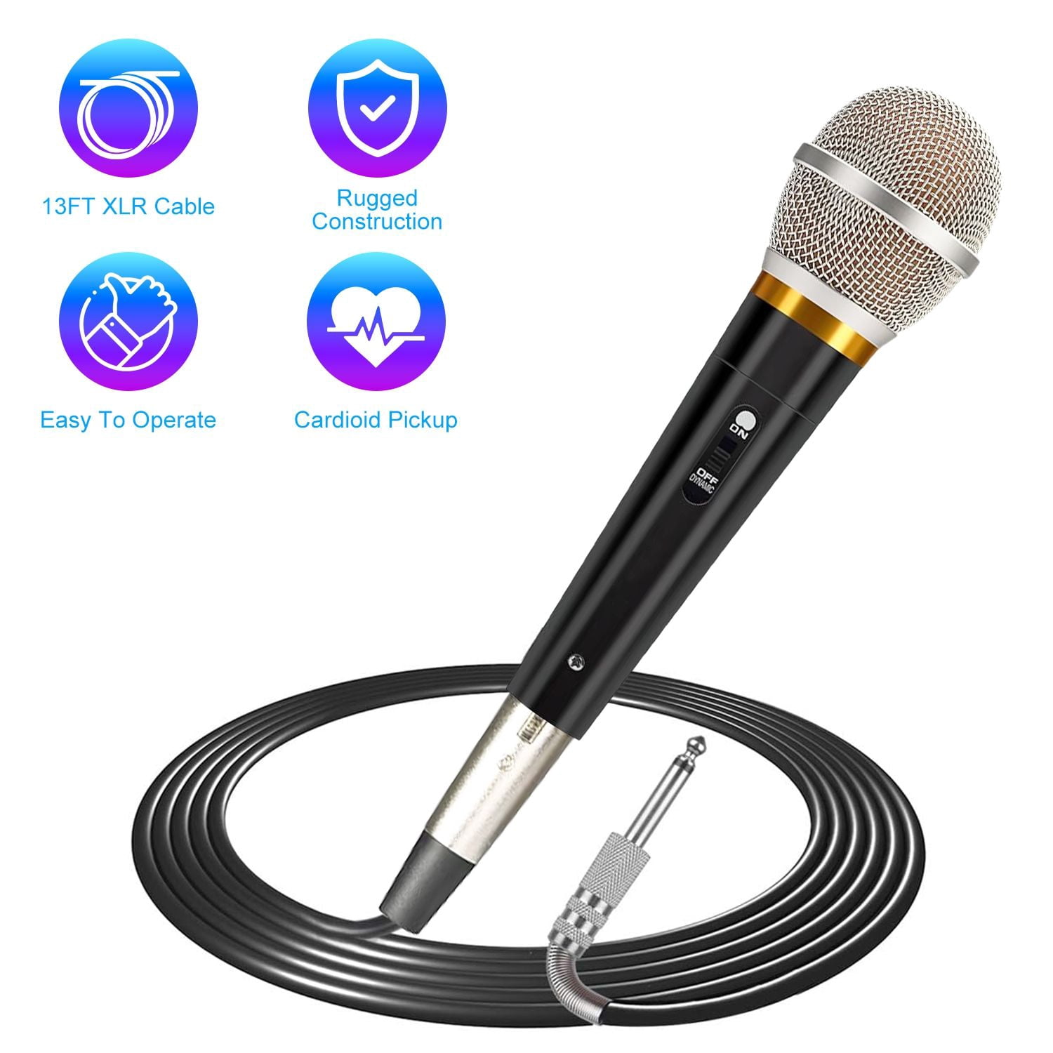 Handheld Dynamic Microphone, Wired XLR Microphone with On/Off Switch 13ft Detachable XLR Cable Professional Studio & Live Performance Cardioid Mic for for Karaoke Vocals Podcasting Recording