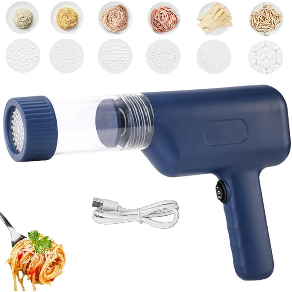 Handheld Electric Pasta Maker: 6-in-1 Homemade Cordless Pasta Machine, Portable Automatic Pasta Noodle Maker with Pasta Shaping Discs, Household Ramen Spaghetti Pasta Maker Machine (Blue)