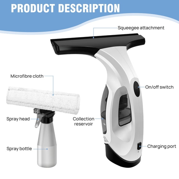 Handheld Electric Window Squeegee with Water Suction, Rechargeable Cordless Glass Wiper Cleaner with US Plug for Shower Door, Mirror, Window Water Stain Removal