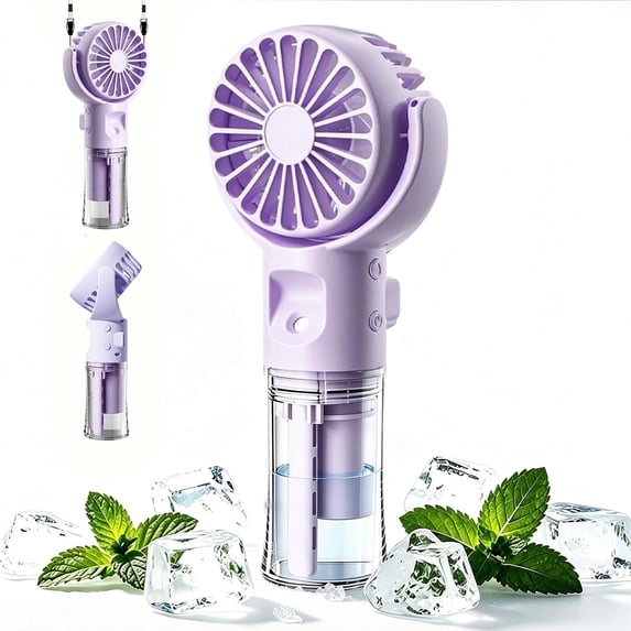 Handheld Fan with Water Cooling, Portable Handheld Fan USB Rechargeable, 4 Speeds, Mini Fan with Water Cooling Hand, Fan Battery Hand Fan for Travel, Office, Purple