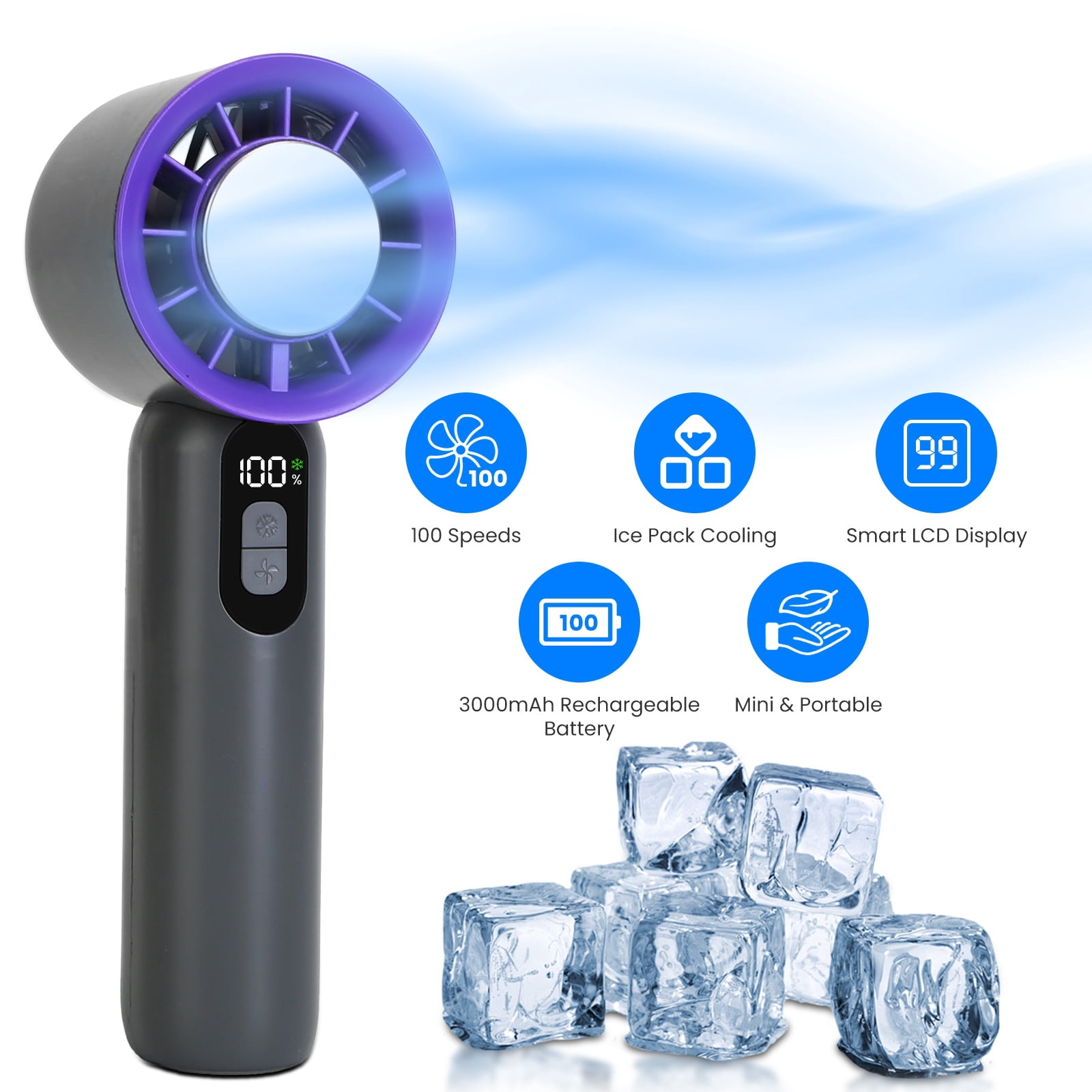 Handheld Fan with Ice Cooler 100 Speeds 3000mAh for Summer Cooling