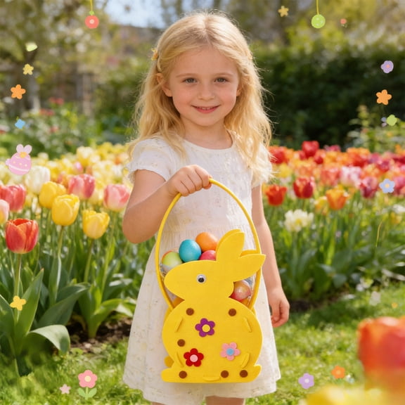 Handheld Felt Easter Basket Tote Bag, Cartoon Bunny and Egg Pattern Portable Storage Bag for Festive Candy and Gifts, Lightweight DIY Handmade Basket for Home Decoration, 5.12*11.81in, Yellow