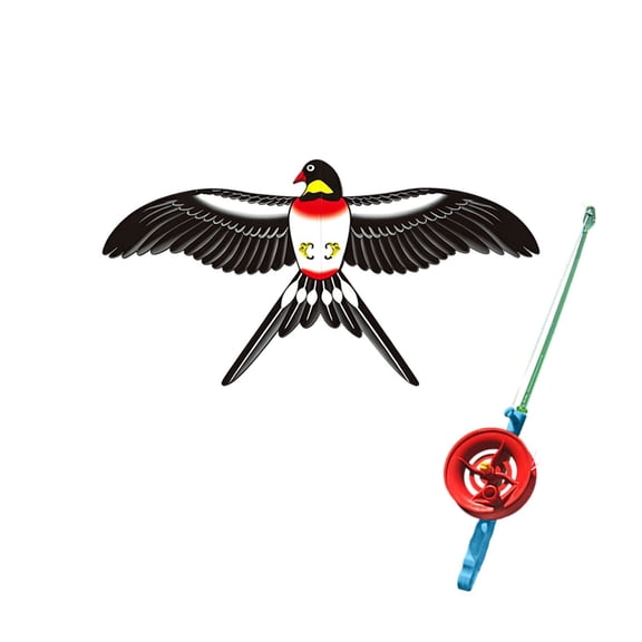 Handheld Fishing Rod Dynamic Wing Animal Kite Vibrant Bird Butterfly Pattern Mini Portable Flying Kite Toy Family Outdoor Park Beach Entertainment Gift for Kids & Adults(Black-30cm)
