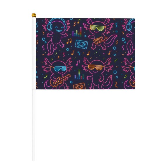 Handheld Flag Double-Sided Hand Waving Flag 8.2×5.5in Used For Team Activities Or Decoration In Decorative Places Neon Party Axolotls - 80s Synthwave Ten Piece