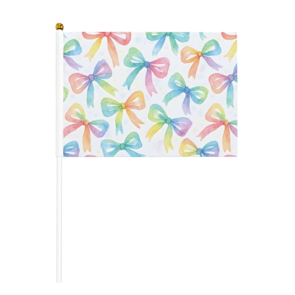 Handheld Flag Double-Sided Hand Waving Flag 8.2×5.5in Used For Team Activities Or Decoration In Decorative Places Watercolor Rainbow Ribbon Bow Pattern Six Piece