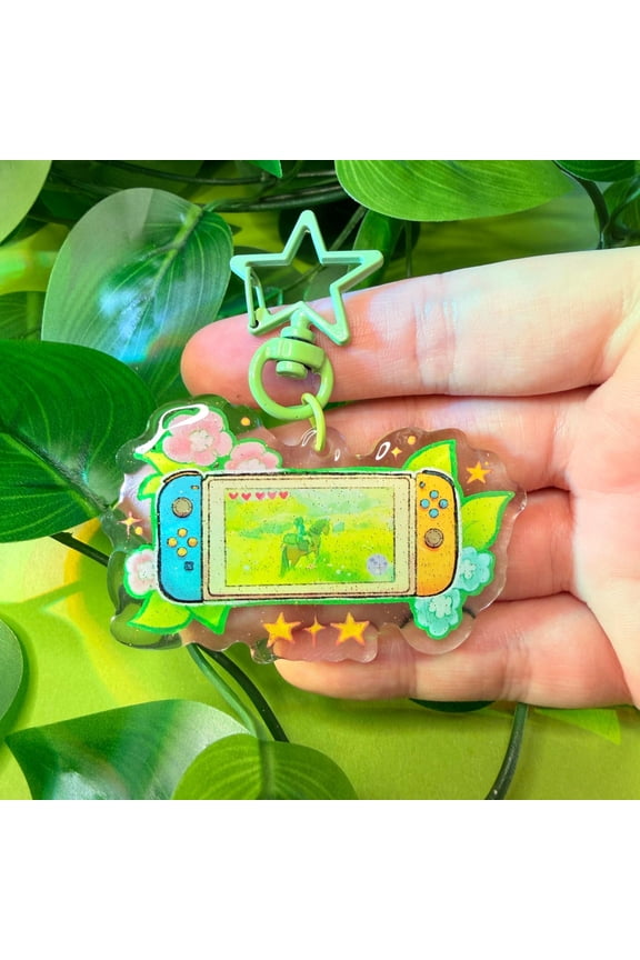 Handheld Game Console Acrylic Keychain, Retro Gaming Charm, Double-Sided Glitter Keyring, Cute Kawaii Gamer Bag Charm (1 keychain)
