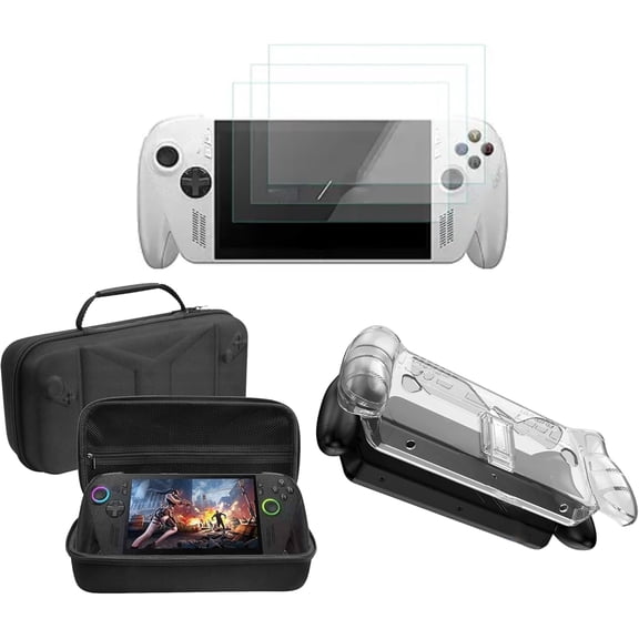 Handheld Gaming Console Protection Bundle Compatible with ROG for Xbox Ally X - TPU Clear Case with Stand, 3 Pcs Tempered Glass Screen Protector, Waterproof Carrying Case