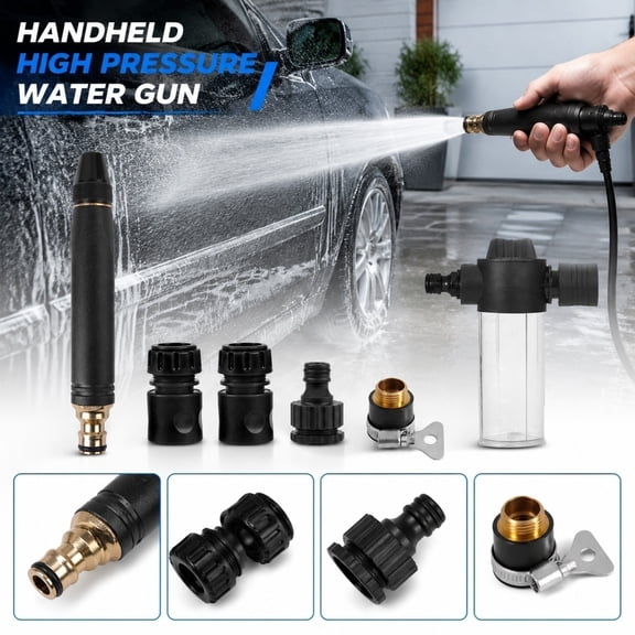 Handheld Jet High Pressure Garden Hose Nozzle Kit, Hose Nozzle High Pressure, Garden Hose Quick Connect, Water Nozzles for Garden Hose, 6X1 Inch Black Metal Sprayer Gun with 4