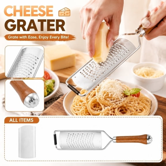 Handheld Kitchen Grater, Zester Grater with Handle, Parmesan Cheese Grater, Lemon Zester Tool, 12X2.5 Inch 304 Stainless Steel Cheese Shredder Ginger Grater with Wood Non-Slip