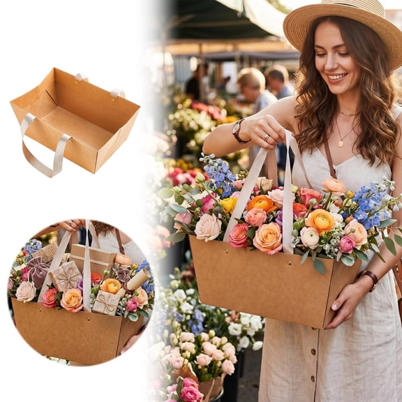 Handheld Kraft Paper Floral Packaging, Biodegradable, Elegant Design for Bouquets, Weddings, Events, Sturdy Construction, Easy Assembly, Size 25cm, Sustainable Gift Wrapping Solution.