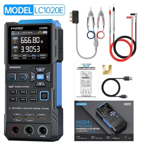 Handheld LCR Meter Digital Bridge FNIRSI LC1020E  0.3% Accuracy 100kHz, Portable Component Tester w/Kelvin Clips & 3000mAh Battery