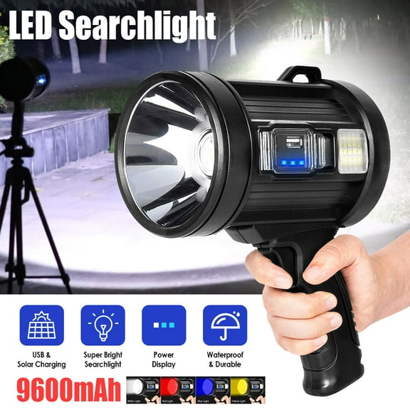 Handheld LED High Power Outdoor Solar Camping Searchlight, USB & Solar Charging Spotlight with Side Light & Power Bank Funtion for Outdoor Camping