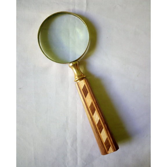 Handheld Magnifier with 3 inch Premium Brass Magnifying Glass with Joint Wood Check Carved Handmade Handle | Office Ware Decorative Zooming Lens | For Father/Mother/Thanksgiving/Anniversary (Design 1)