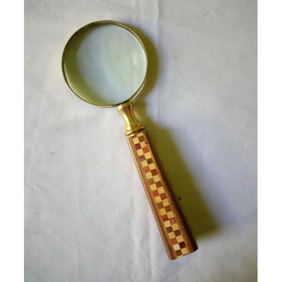Handheld Magnifier with 3 inch Premium Brass Magnifying Glass with Joint Wood Check Carved Handmade Handle | Office Ware Decorative Zooming Lens | For Father/Mother/Thanksgiving/Anniversary (Design 2)