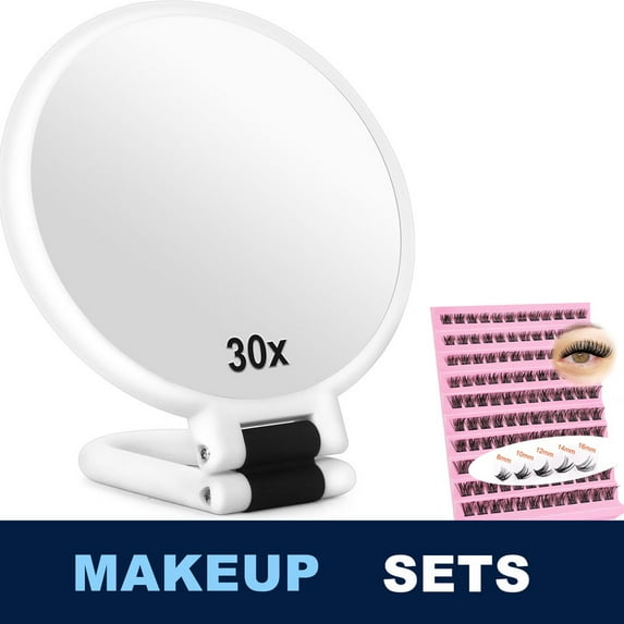 Handheld Magnifying Mirror, Double Sided Travel Magnifying Mirror with 30X/1X Magnification, 360°Adjustable Handle and 120pcs 8-16mm Eyelash Clusters, Portable Multi-Purpose Makeup Mirror